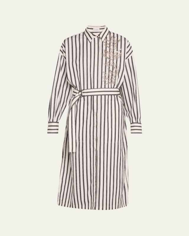 Stripe Sequined Herbarium Belted Midi Shirtdress